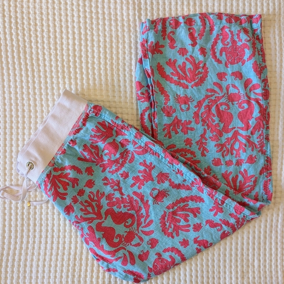 Lilly Pulitzer Linen Beach Resort Pants Shorely Blue Don't Be Shelfish Size XL - Picture 2 of 15